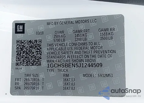 2018 Chevrolet Colorado Wt z USA, uszkodzony, nr VIN 1GCHSBEN5J1244509